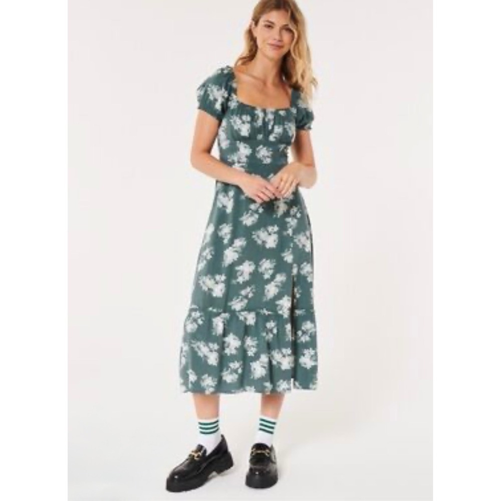 Hollister Green Floral Puff Sleeve‎ Midi Dress Square Neck Smocked Back XS